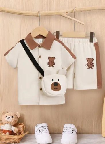 CJ SHORT  CAMISA Y BOLSO OSO BEIGE NIÑO